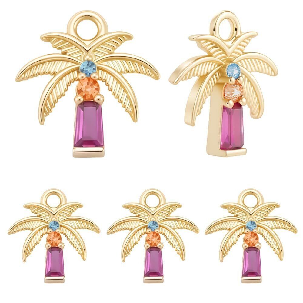 7314 1 Box 10Pcs Palm Tree Charms 18K Gold Plated Cubic Zirconia Colorful